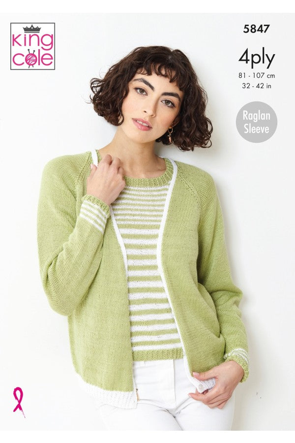 King Cole 5847 Cardigan and Cap Sleeved Top in Giza Cotton 4 Ply (leaflet) Knitting Pattern