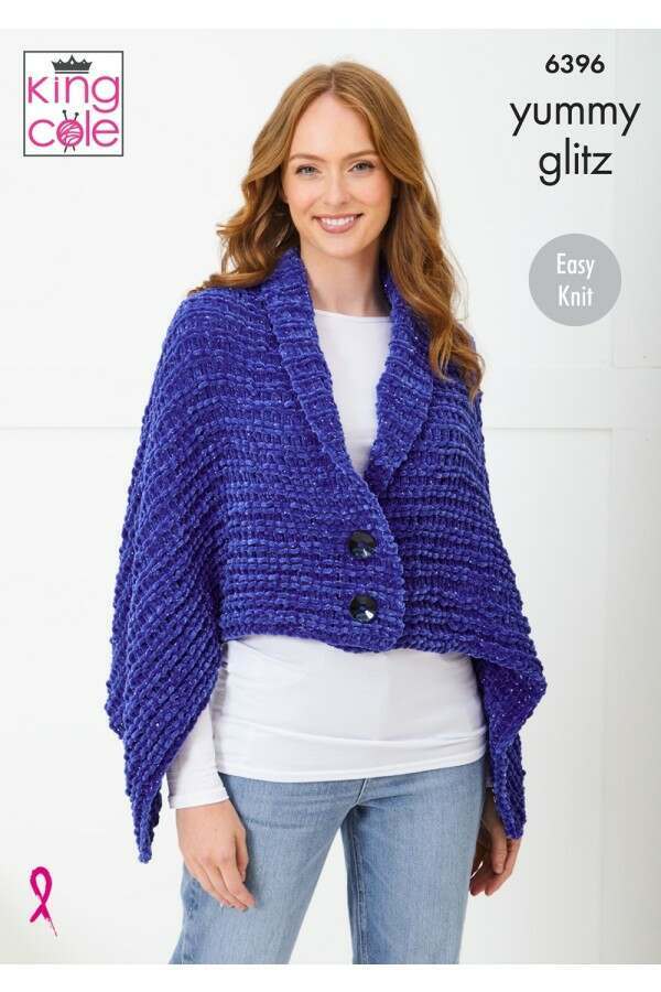 King Cole 6396 Scarves, Cowl, Shrug Wrap and Hat in Yummy Glitz (leaflet) Knitting Pattern
