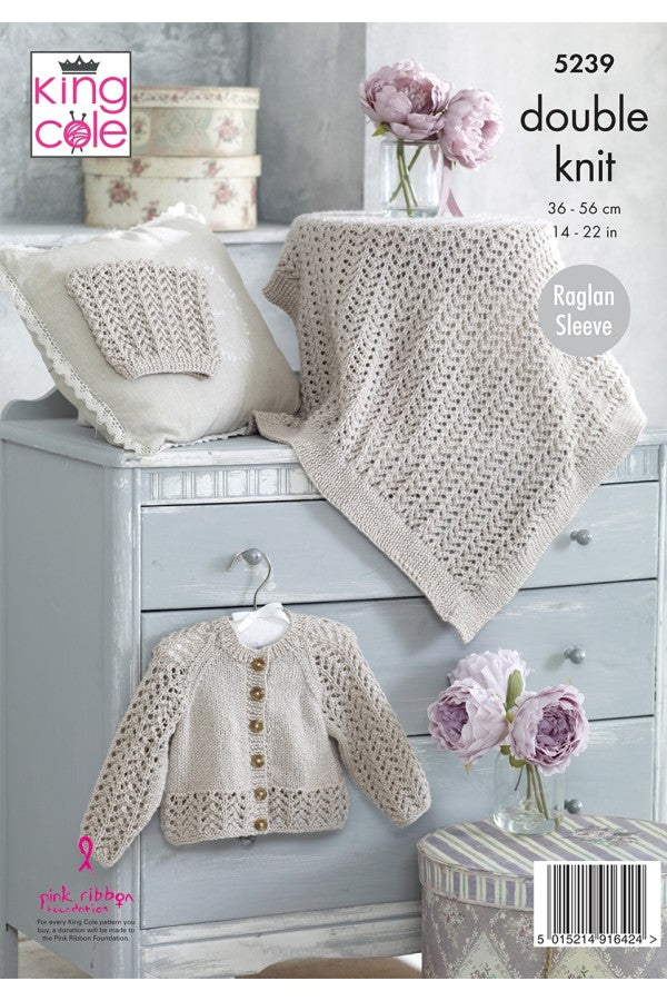 King Cole 5239 Baby Raglan Cardigan, Blanket and Hat in Baby Glitz DK (leaflet) knitting Pattern
