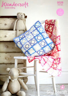 Stylecraft 9328 Blanket and Cushion in Wondersoft DK and Merry Go Round DK Crochet Pattern