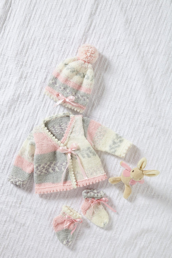 King Cole 6046 Pinafore Dress, Cardigan, Hat and Slipper Socks in Cosy Love Aran Knitting Pattern