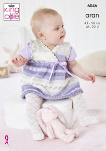 King Cole 6046 Pinafore Dress, Cardigan, Hat and Slipper Socks in Cosy Love Aran Knitting Pattern