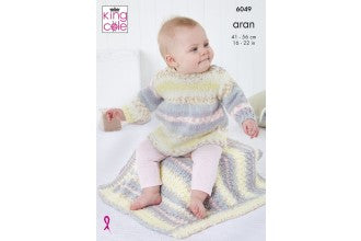King Cole 6049 Dress, Jacket, Hat and Blanket in Cosy Love Aran Knitting Pattern