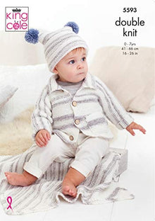 5593 King Cole Cardigan, Hat & Blanket; Knitted in Stripe Double Knitting Pattern