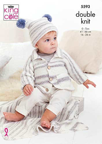 5593 King Cole Cardigan, Hat & Blanket; Knitted in Stripe Double Knitting Pattern