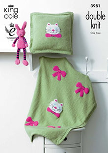 3981 King Cole Baby Blanket and Cushion with Cat and Bow Detail Double Knitting Pattern