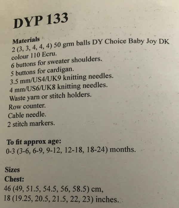 DYP133 Baby Junper Double Knitting Pattern