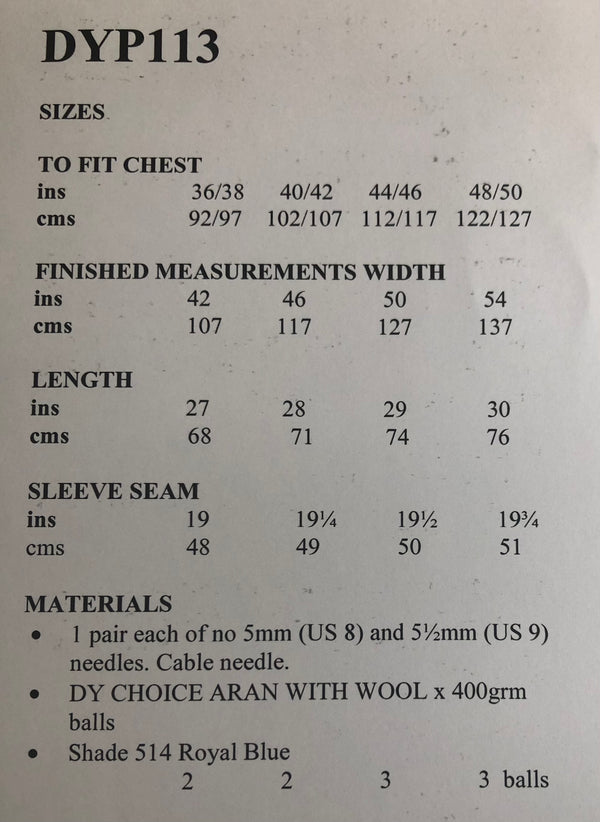 DYP113 Men’s Aran Knitting Pattern