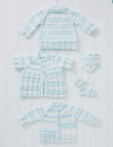 5702 King Cole Matinee Coat, Cardigan, Sweater and Bootees in Baby Stripe DK Knitting Pattern