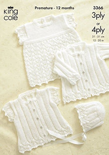 3366 King Cole Baby Jacket, Coat, Bonnet and Hat in Comfort 3 Ply or 4 Ply Knitting Pattern
