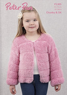 P1305 Peter Pan Children’s Chunky & Double Knitting Faux Fur Jacket Knitting Pattern