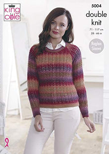 5004 king Cole Riot Ladies Double Knitting V-Neck & Crew Neck Jumper Knitting Pattern
