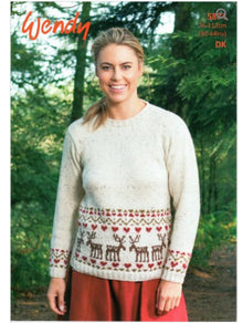5874 Wendy Sweater with Reindeer Fairisle Border in Mode DK Knitting Pattern