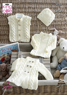 5223 King Cole Coat, Sweater, Gilet & Hat Knitted in Comfort Aran Pattern