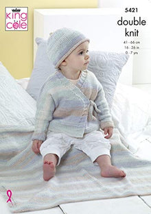 5421 King Cole Babies  Cardigan, Hat & Blanket Knitted in Beaches Double Knitting Pattern