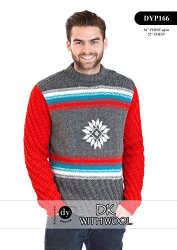 DYP166 Men’s Patterned Crew Neck Jumper Double Knitting/8Ply Pattern 36” chest to 52” chest