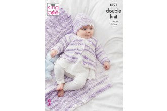 5701 King Cole Matinee Coat, Cardigan, Crossover Waistcoat, Hat and Bootees in Baby Stripe DK Knitting Pattern
