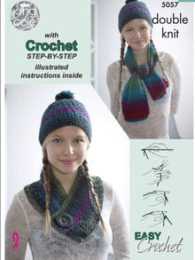 5057 King Cole DK Crochet Scarf & Hat Step by Step Pattern