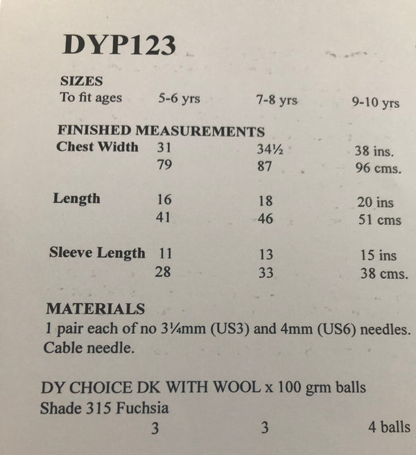 DYP123 Children’s Jumper Double Knitting Pattern