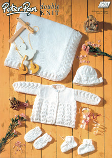 P801 Peter Pan Matinee Coat, Bonnet, Bootees, Mitts and Shawl Double Knitting Pattern